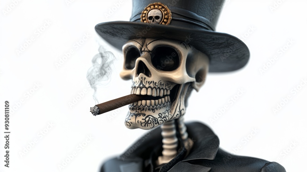A skeleton wearing a hat and smoking a cigar A skeleton wearing a hat and smoking a cigar
