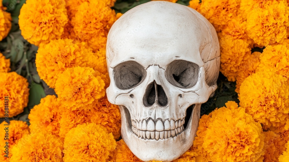 A white skull is placed on top of a bed of orange flowers A white skull is placed on top of a bed of orange flowers