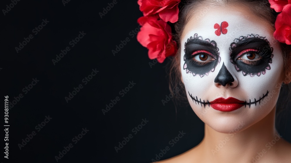 A woman with a white face and red flowers on her head A woman with a white face and red flowers on her head
