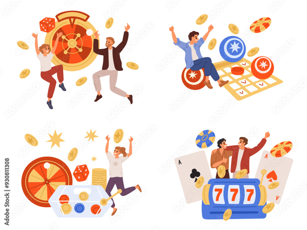 Fototapeta premium Cartoon people in casino. Happy customers happy to win. Gambling success. Men and women jumping for joy. Roulette bet. Lottery jackpot. Slot machine. Money prize winning. Garish vector set