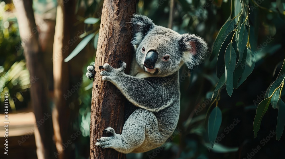 Obraz premium Closeup of a Koala Bear Climbing a Tree Trunk in the Australian Bush