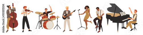 Cartoon jazz musicians. Professional music band. People play instruments and sing. Man at piano. Woman with microphone. Entertainment performance. Guitar and saxophone. Garish vector set
