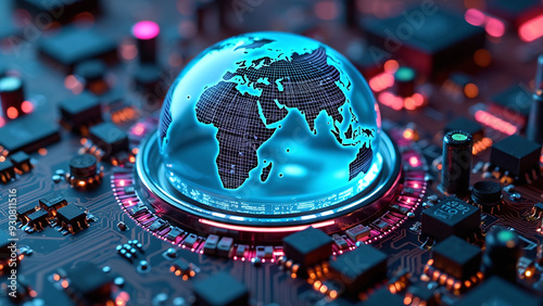 Glowing Globe over Circuit Board: Global Connectivity photo