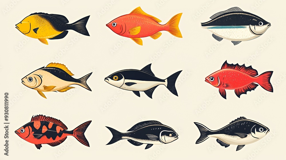 A collection of illustrated fish in various colors and designs. A collection of illustrated fish in various colors and designs.