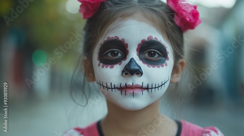 A young girl with a white face and black skeleton painted on it