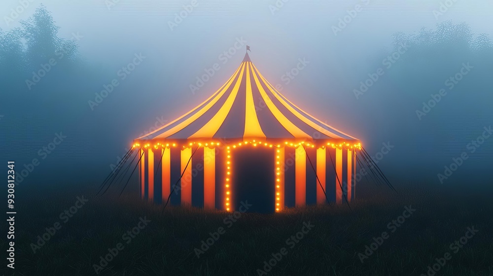 Halloween circus tent with eerie glowing lights, foggy night, 3D illustration Halloween circus tent with eerie glowing lights, foggy night, 3D illustration