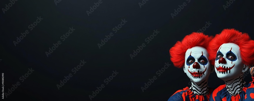 Halloween circus, creepy clowns with skeletal makeup, dark background, 3D illustration Halloween circus, creepy clowns with skeletal makeup, dark background, 3D illustration