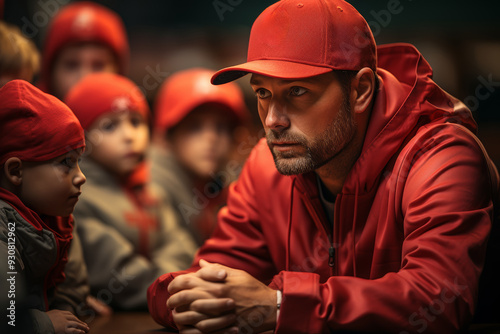 A father coaching his child's little league team, leading by example and instilling values of perseverance. Concept of sportsmanship and leadership. Generative Ai. photo