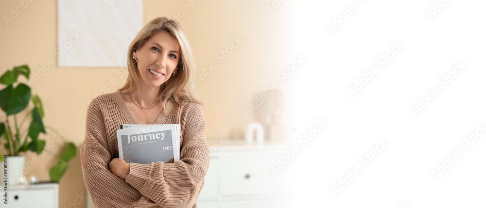 Portrait of beautiful mature happy woman with magazines at home Portrait of beautiful mature happy woman with magazines at home