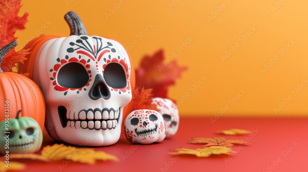 A skull is surrounded by pumpkins and leaves, creating a spooky A skull is surrounded by pumpkins and leaves, creating a spooky