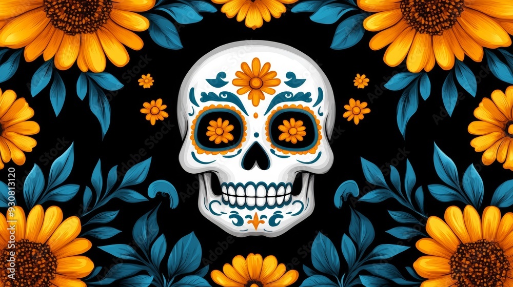 A skull with flowers surrounding it A skull with flowers surrounding it