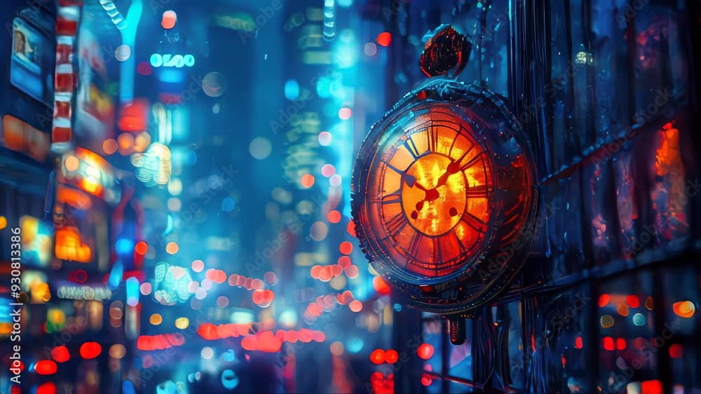 A glowing red clock in front of a rainy, busy cityscape at night