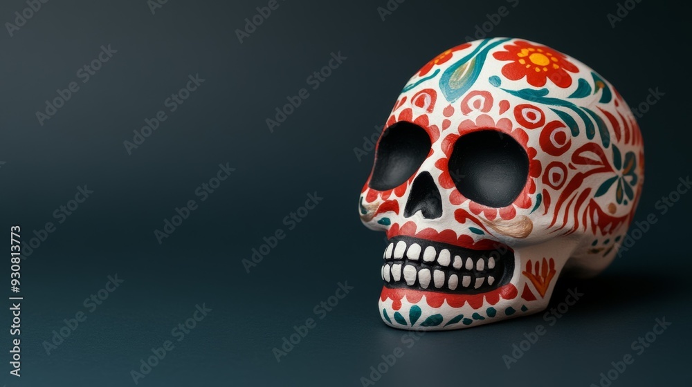 A skull with flowers painted on it is sitting on a dark background A skull with flowers painted on it is sitting on a dark background