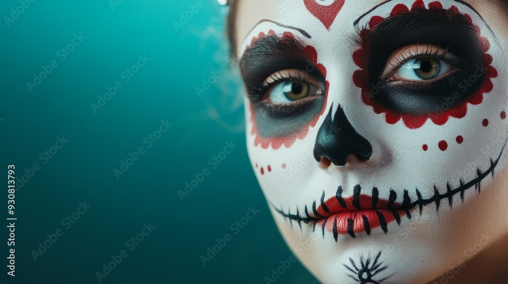 A girl with a white face and red and black makeup A girl with a white face and red and black makeup