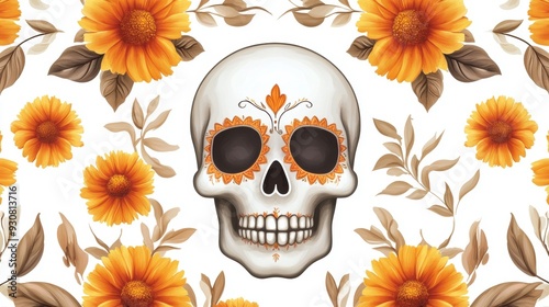 A skull with flowers surrounding it