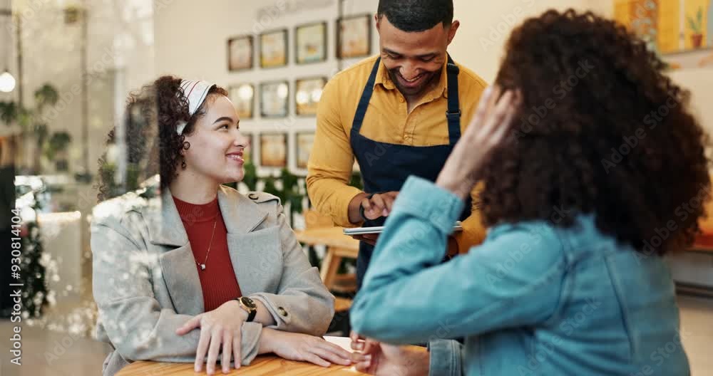 Friends, waiter and women order at cafe on tablet for decision, choice or help with menu. Smile, customer service and girls with server at coffee shop to talk, listen or relax together in restaurant