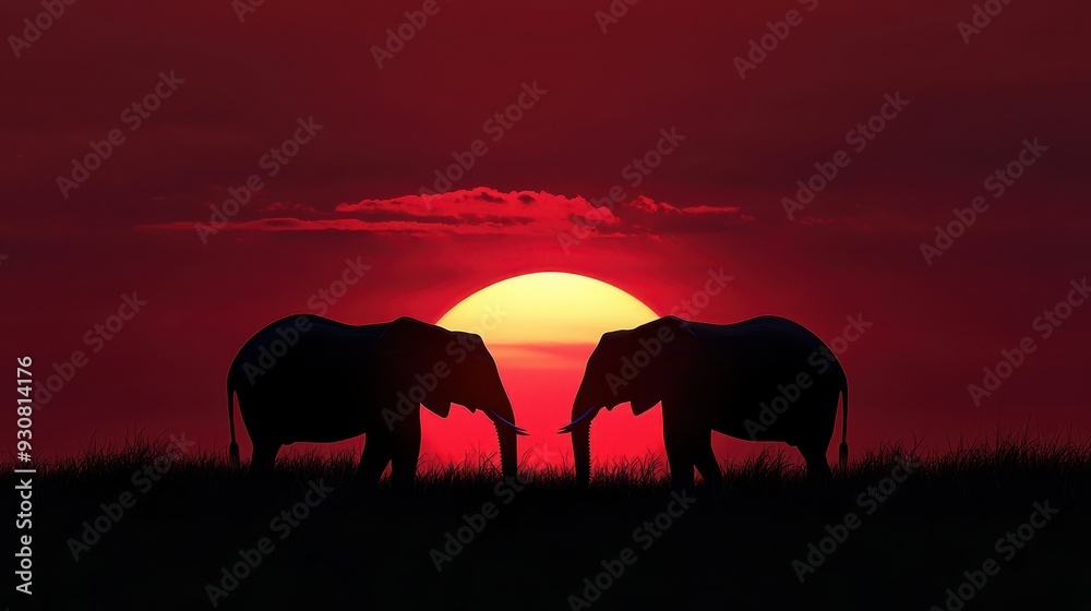 Fototapeta premium Two Elephant Silhouettes at Sunset