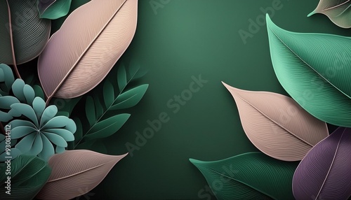 yellow and green autumn leaves on a green background with space for text