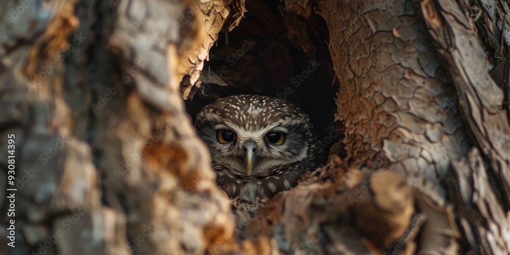 Spotted owlet chick concealed in a tree hollow Spotted owlet chick concealed in a tree hollow