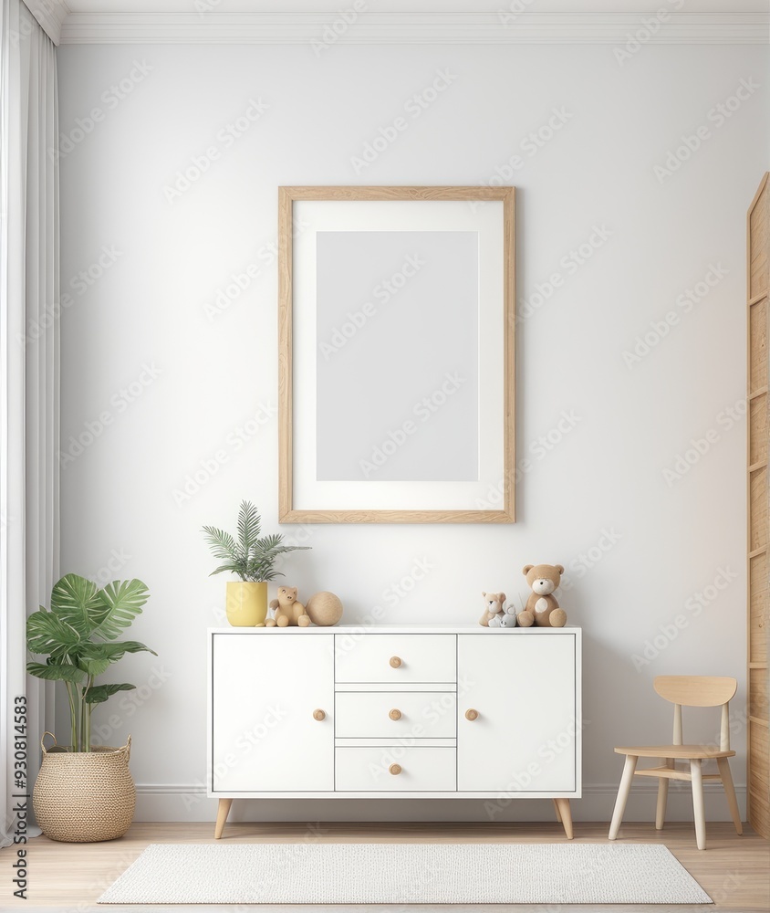 Mock up frame in children room with natural wooden furniture, 3D render Mock up frame in children room with natural wooden furniture, 3D render