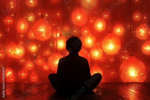 Man meditating in a room lit by warm candles finding peace and inner stillness in a serene setting