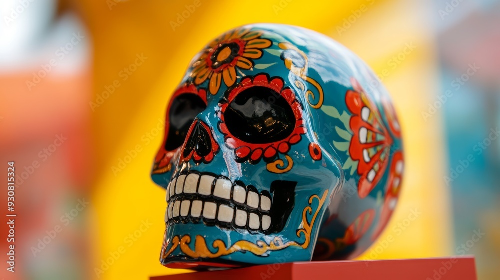 A blue skull with red flowers and yellow background A blue skull with red flowers and yellow background