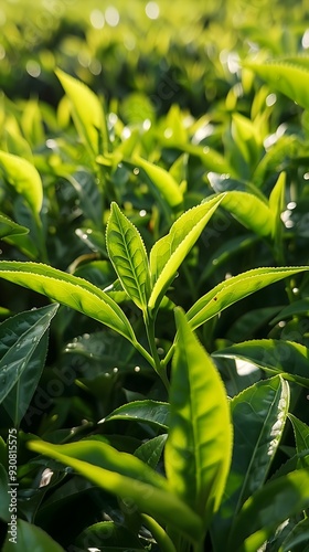 The emerald green tea leaves in the sun