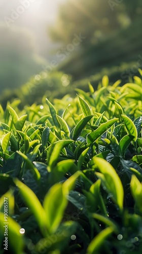 The emerald green tea leaves in the sun