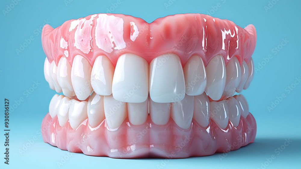 Obraz premium 3d render jaw with teeth and dentures over blue background.