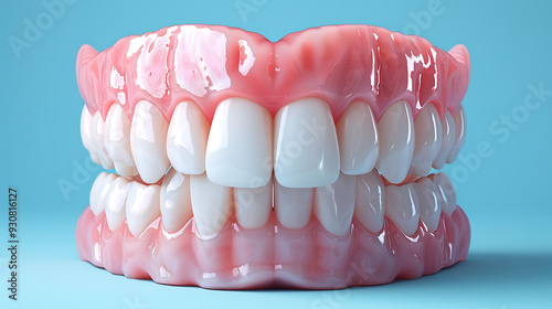 3d render jaw with teeth and dentures over blue background.