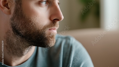 A man with a beard and a blue shirt is looking at the camera