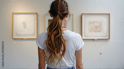 Woman looking in the gallery on the art, mockup