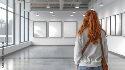 Woman looking in the gallery on the art, mockup