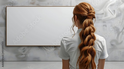 Woman looking in the gallery on the art, mockup