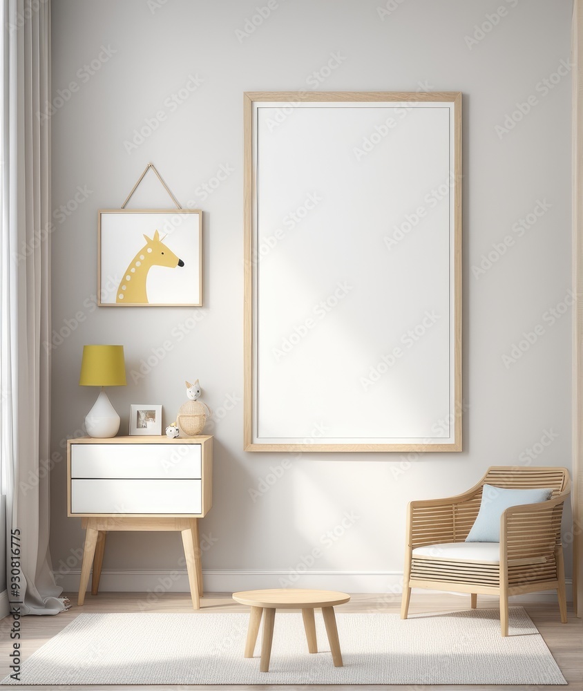 Mock up frame in children room with natural wooden furniture, 3D render Mock up frame in children room with natural wooden furniture, 3D render