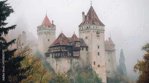 Majestic Medieval Castle in Misty Forest photo