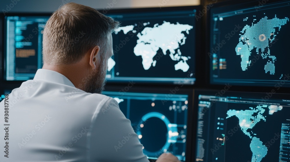 A man is sitting in front of a computer monitor with a map of the world on it A man is sitting in front of a computer monitor with a map of the world on it