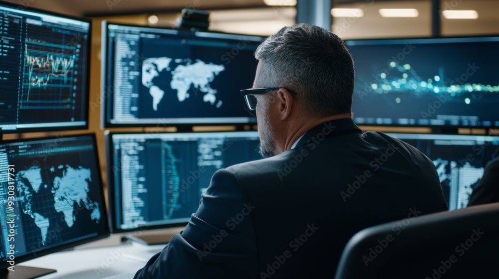 A man in a suit is sitting in front of a computer monitor with a map of the worl A man in a suit is sitting in front of a computer monitor with a map of the worl