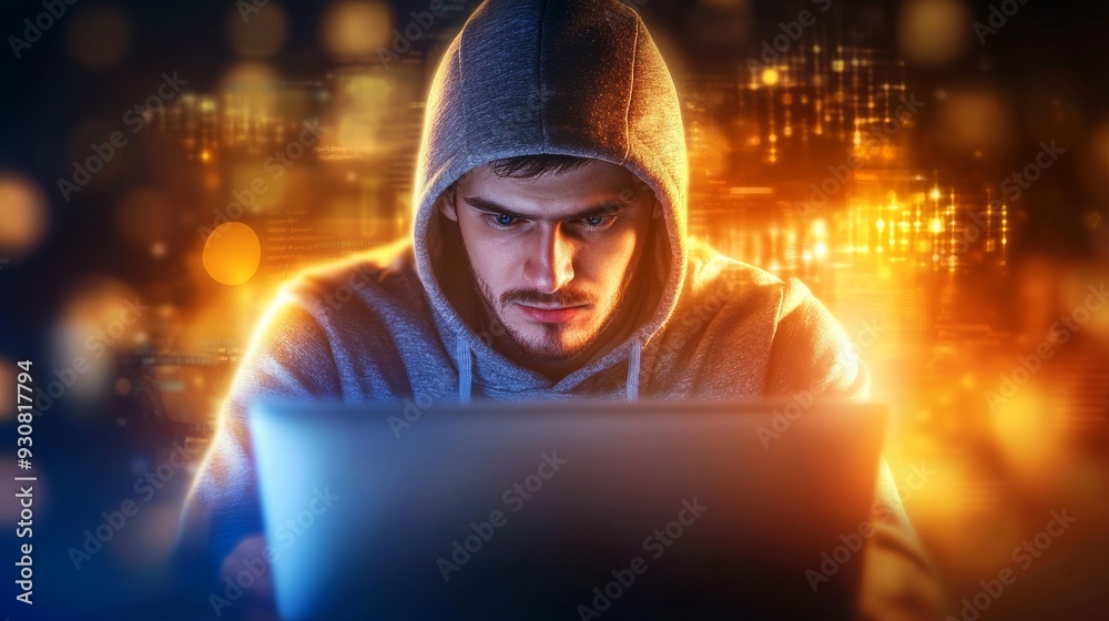 A man is sitting in front of a laptop computer, wearing a hoodie A man is sitting in front of a laptop computer, wearing a hoodie