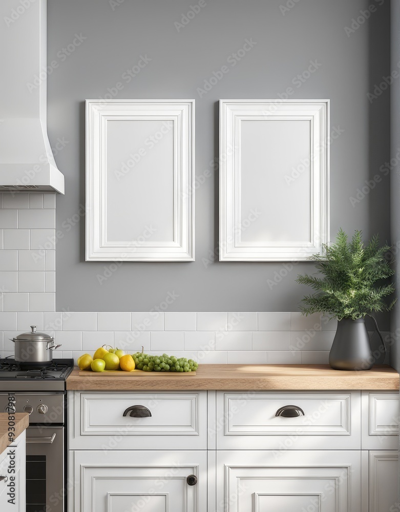 farmhouse kitchen interior, 3d rendered white frame mockup farmhouse kitchen interior, 3d rendered white frame mockup