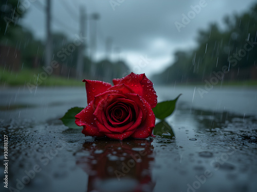 Zerbrechliche Schönheit: Eine rote Rose im Regen auf Asphalt