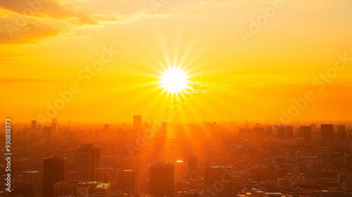 A golden sunset over a city skyline with a bright sun.