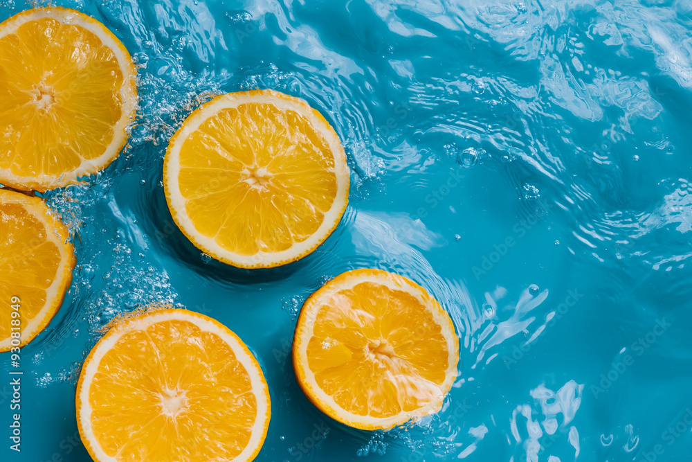 Four orange slices floating on a blue rippling surface. Four orange slices floating on a blue rippling surface.
