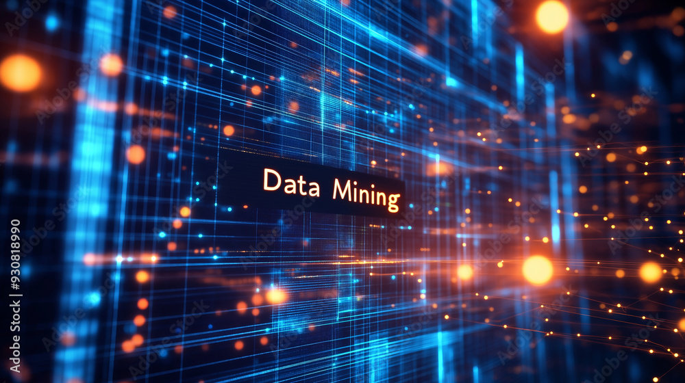 Abstract digital grid with glowing dots and the words Data Mining.