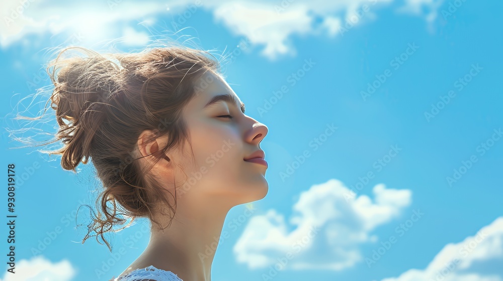 A serene profile of a woman against a bright blue sky with clouds.