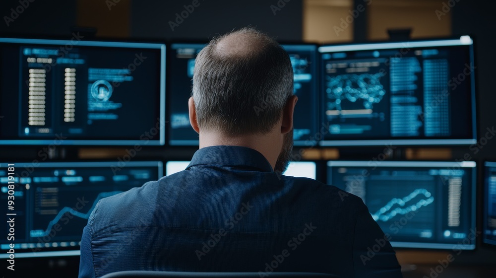 A man is sitting in front of a computer monitor with four screens A man is sitting in front of a computer monitor with four screens