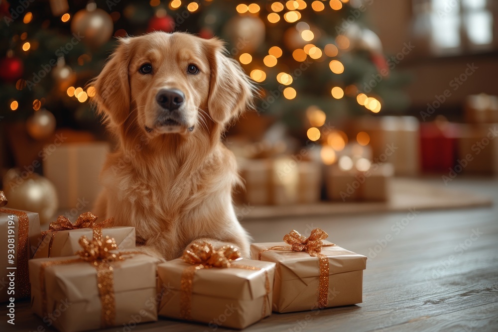 Golden retriever with Christmas gifts and decorations, surrounded by festive tree lights Golden retriever with Christmas gifts and decorations, surrounded by festive tree lights