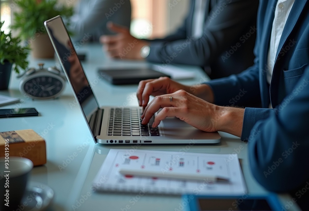 Typing on Laptop in Formal Attire with Desk Items Typing on Laptop in Formal Attire with Desk Items