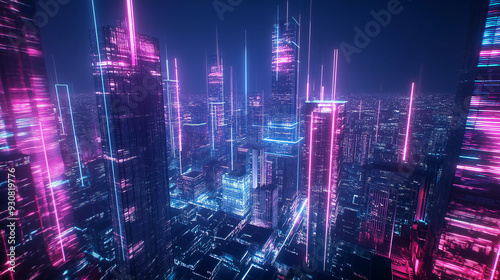 Wallpaper Mural A futuristic cityscape with tall buildings illuminated by vibrant pink and blue neon lights. Torontodigital.ca