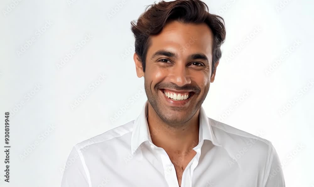 Cheerful young man looking at camera and smiling while standing against white background Cheerful young man looking at camera and smiling while standing against white background